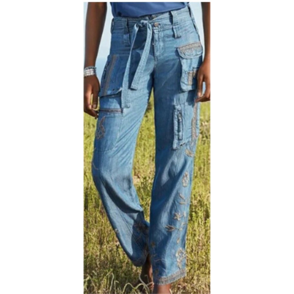 Johnny Was Women's Denim Blue Cargo Pants Size-10